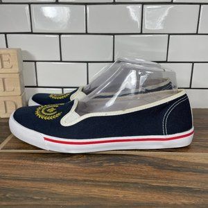 Talbots Women's Size 7.5 Shoes Blue Canvas Gold Crested Slip On Comfort Flats